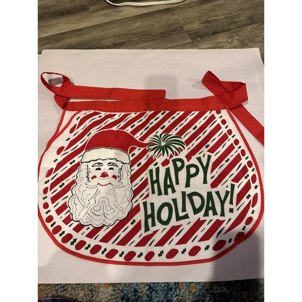 Vintage Christmas Half Apron‎ W/pocket SANTA HAPPY HOLIDAY White Red GREEN NOS